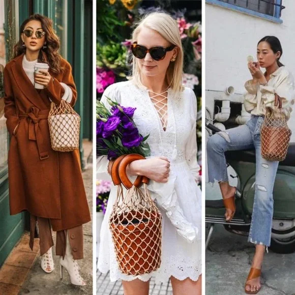 SOLD- Staud Mareau Cage Bucket Bag Brown Leather Tan Rope Net Double Handle - Picture 3 of 12